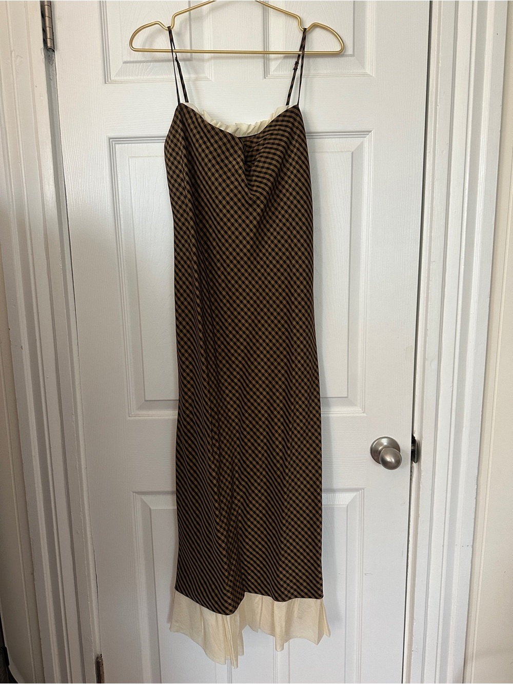 ANTONIO MELANI x Courtney Grow Brown Check Maxi Slip Dress with Ruffle Hem